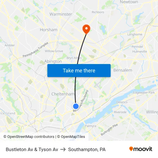 Bustleton Av & Tyson Av to Southampton, PA map
