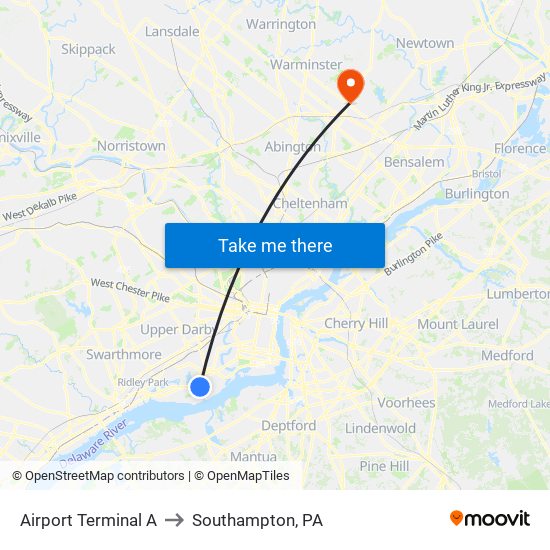 Airport Terminal A to Southampton, PA map