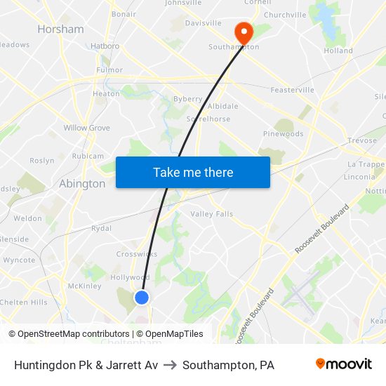 Huntingdon Pk & Jarrett Av to Southampton, PA map
