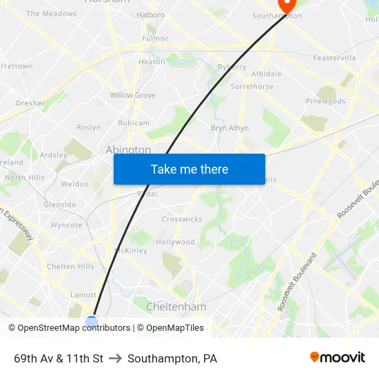 69th Av & 11th St to Southampton, PA map