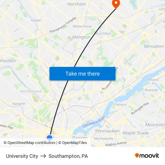 University City to Southampton, PA map