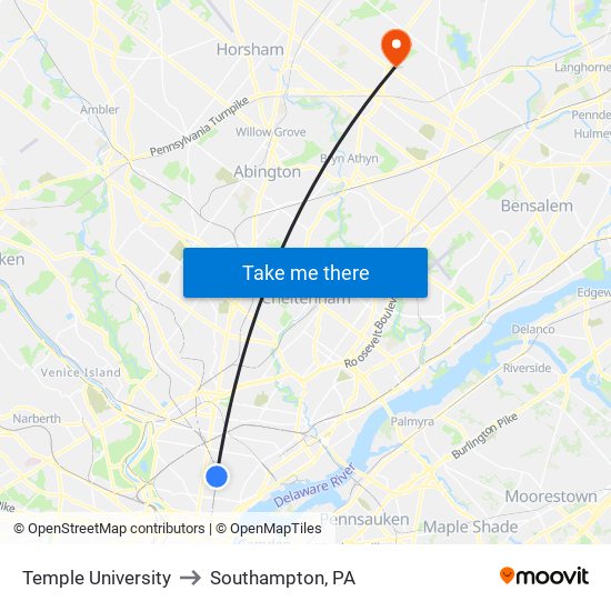Temple University to Southampton, PA map