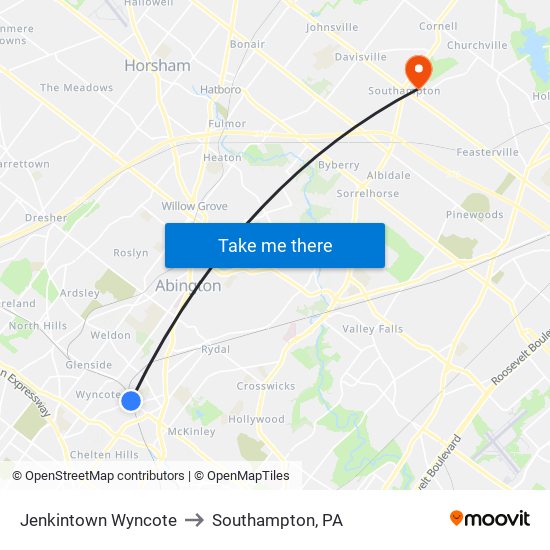 Jenkintown Wyncote to Southampton, PA map