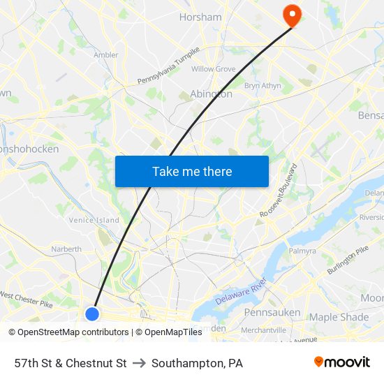 57th St & Chestnut St to Southampton, PA map