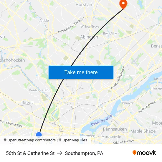 56th St & Catherine St to Southampton, PA map