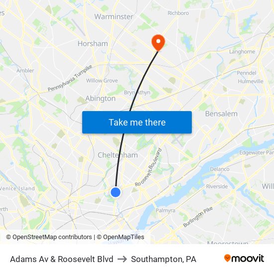 Adams Av & Roosevelt Blvd to Southampton, PA map