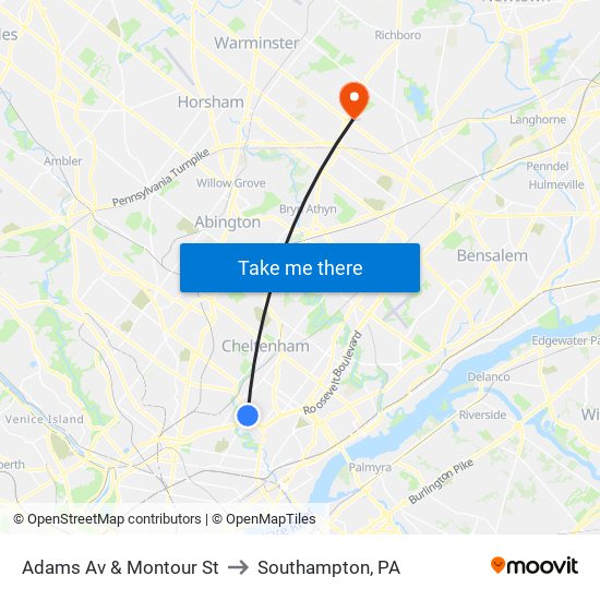 Adams Av & Montour St to Southampton, PA map