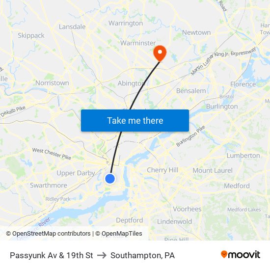 Passyunk Av & 19th St to Southampton, PA map
