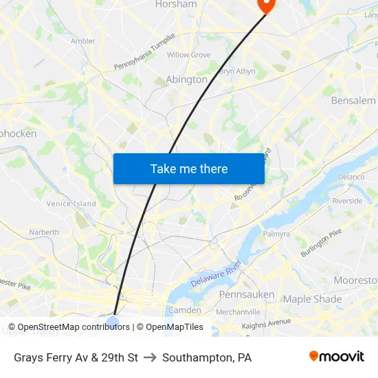Grays Ferry Av & 29th St to Southampton, PA map