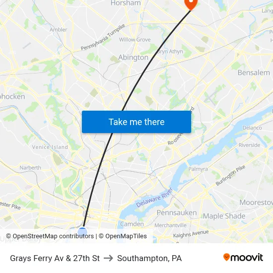 Grays Ferry Av & 27th St to Southampton, PA map