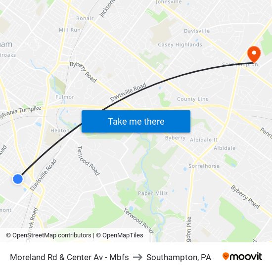 Moreland Rd & Center Av - Mbfs to Southampton, PA map