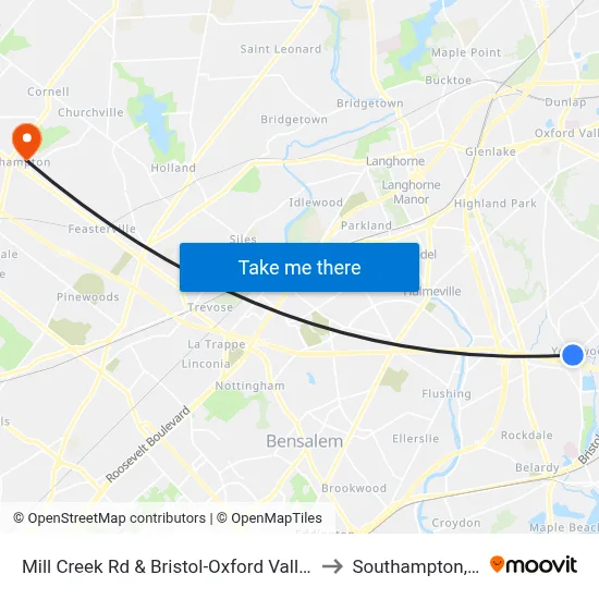 Mill Creek Rd & Bristol-Oxford Valley Rd to Southampton, PA map