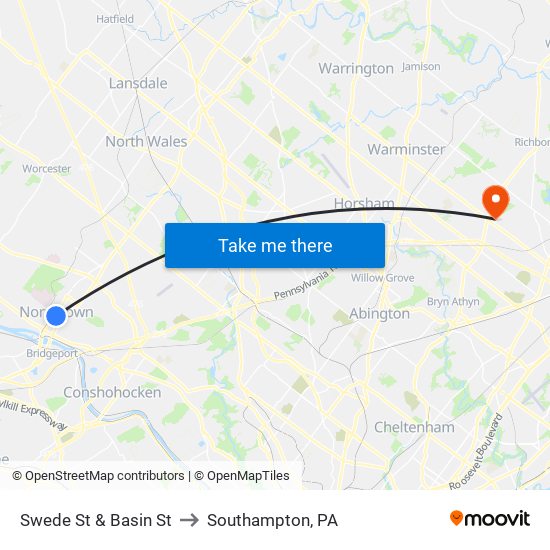 Swede St & Basin St to Southampton, PA map