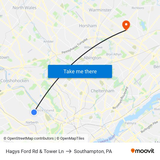 Hagys Ford Rd & Tower Ln to Southampton, PA map