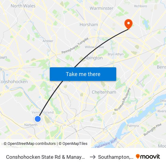 Conshohocken State Rd & Manayunk Rd to Southampton, PA map
