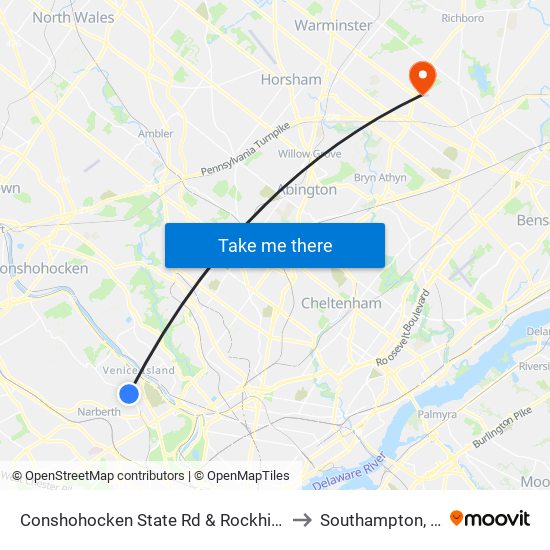 Conshohocken State Rd & Rockhill Rd to Southampton, PA map
