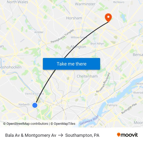 Bala Av & Montgomery Av to Southampton, PA map