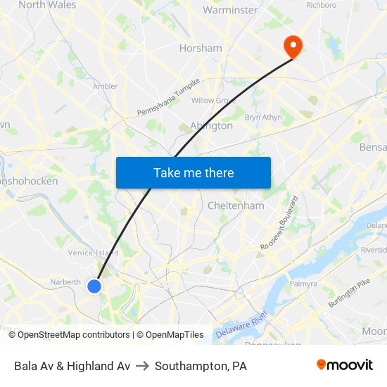 Bala Av & Highland Av to Southampton, PA map