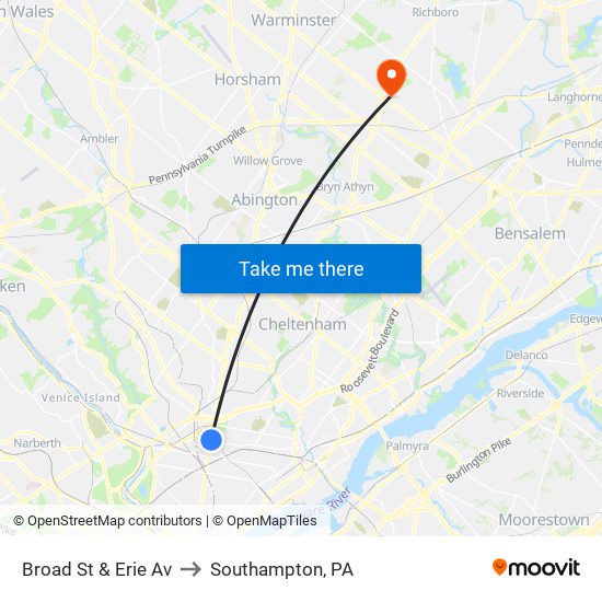 Broad St & Erie Av to Southampton, PA map