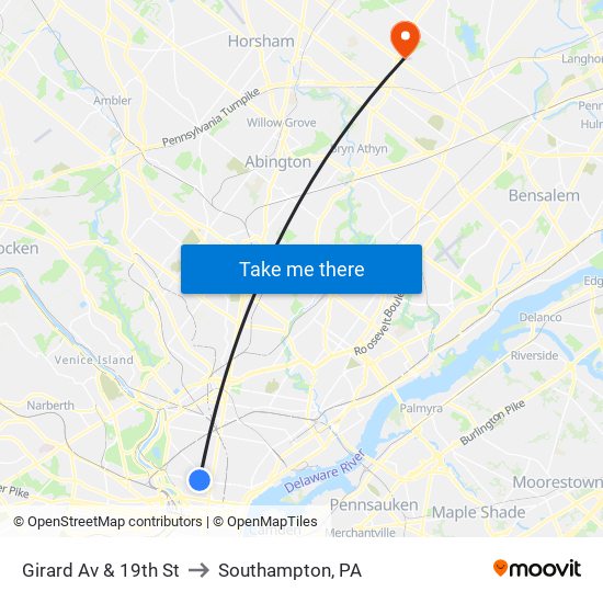 Girard Av & 19th St to Southampton, PA map
