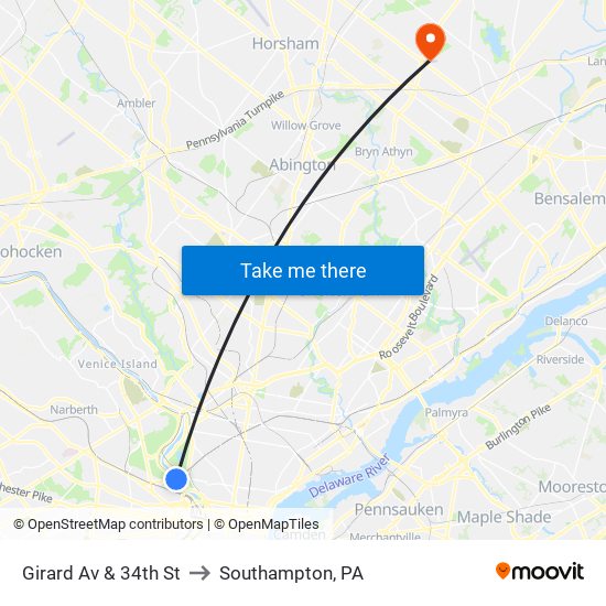 Girard Av & 34th St to Southampton, PA map