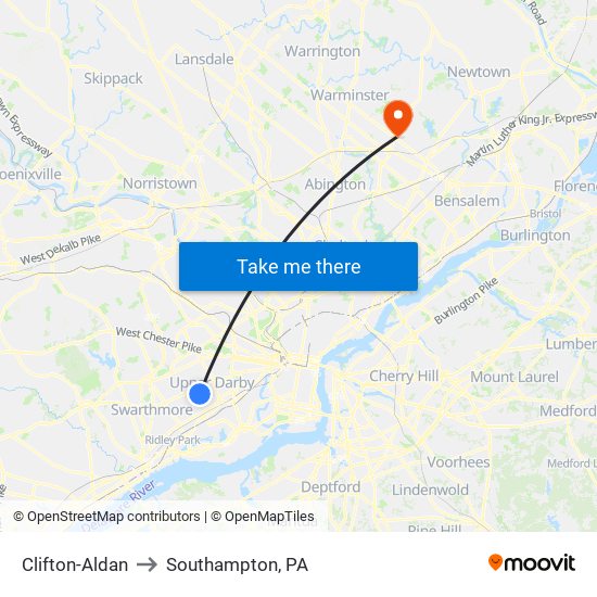 Clifton-Aldan to Southampton, PA map