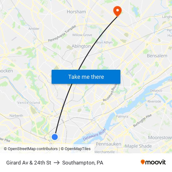Girard Av & 24th St to Southampton, PA map