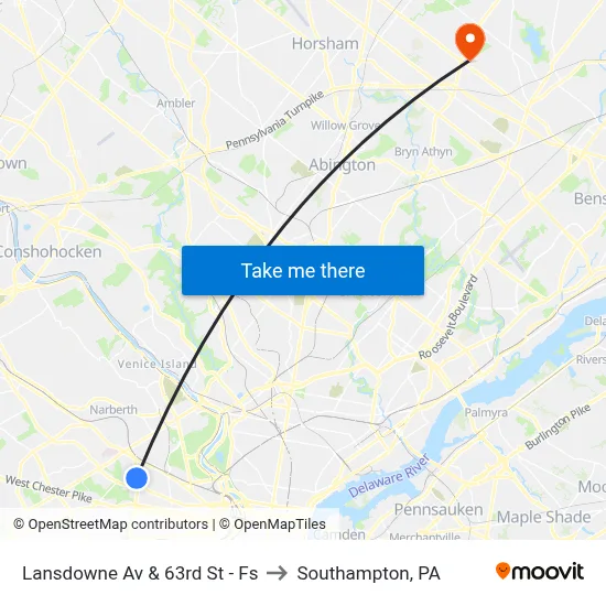 Lansdowne Av & 63rd St - Fs to Southampton, PA map