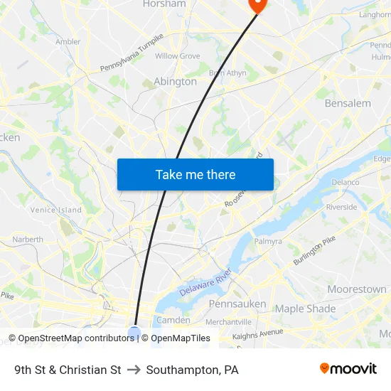 9th St & Christian St to Southampton, PA map