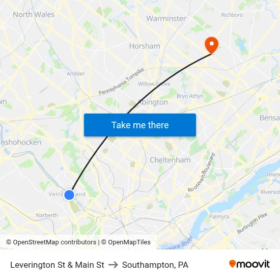 Leverington St & Main St to Southampton, PA map