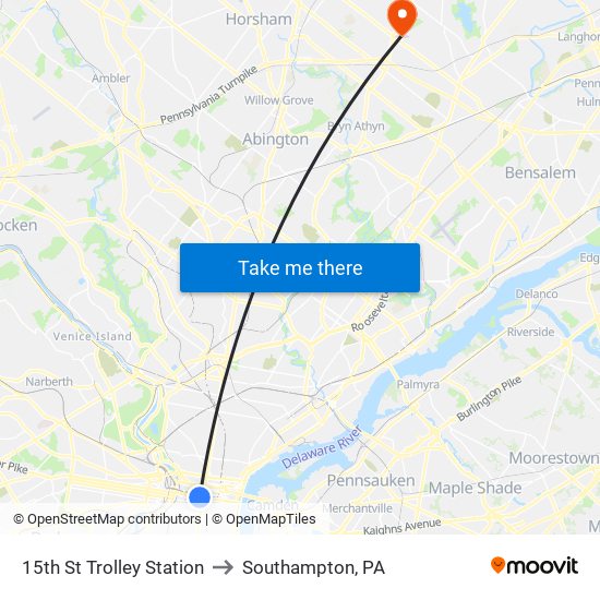 15th St Trolley Station to Southampton, PA map