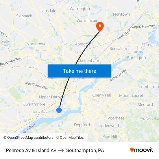 Penrose Av & Island Av to Southampton, PA map