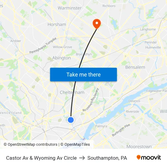 Castor Av & Wyoming Av Circle to Southampton, PA map