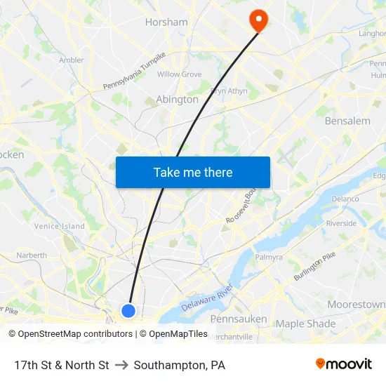 17th St & North St to Southampton, PA map