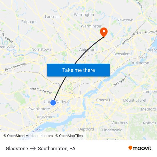 Gladstone to Southampton, PA map