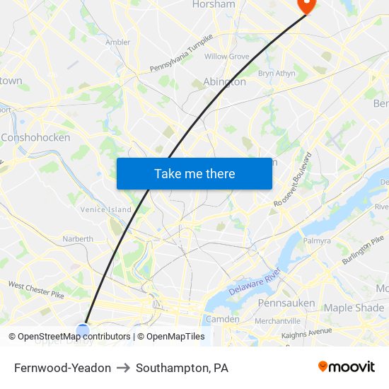 Fernwood-Yeadon to Southampton, PA map