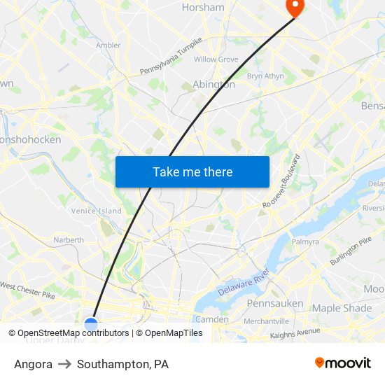 Angora to Southampton, PA map
