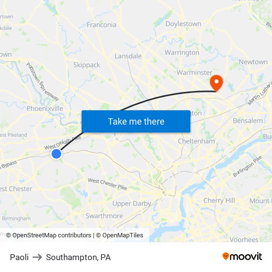 Paoli to Southampton, PA map