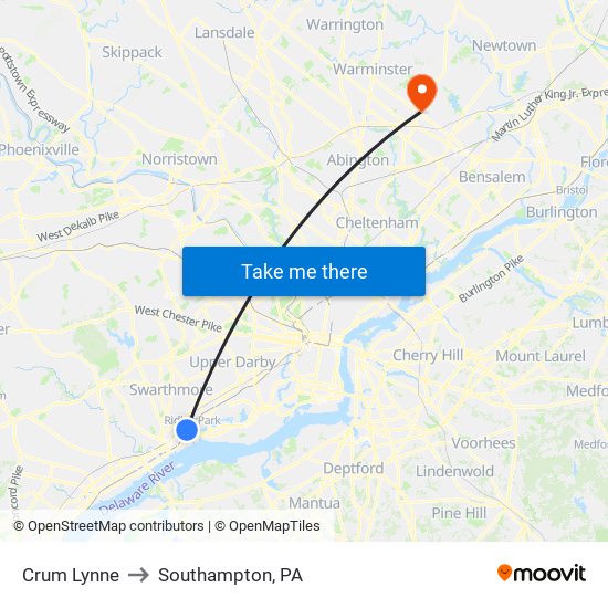 Crum Lynne to Southampton, PA map