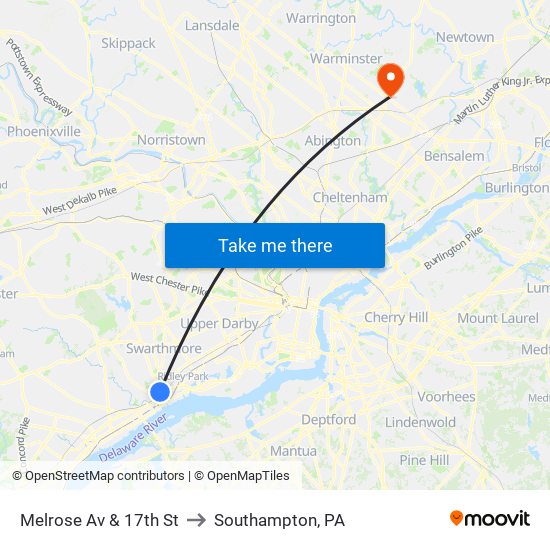 Melrose Av & 17th St to Southampton, PA map