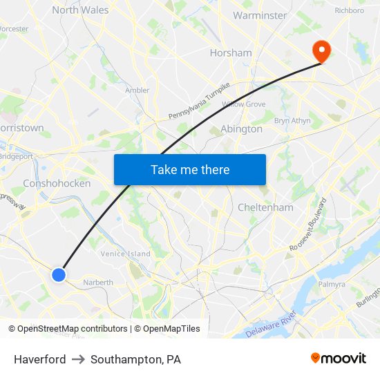 Haverford to Southampton, PA map