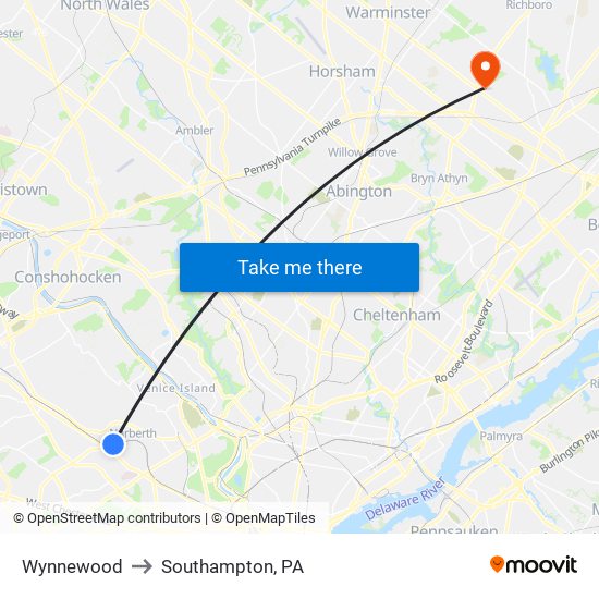 Wynnewood to Southampton, PA map