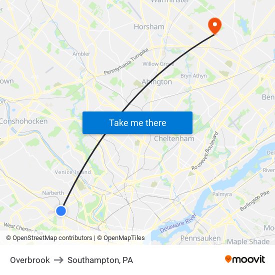 Overbrook to Southampton, PA map