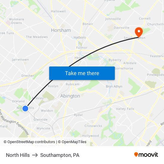 North Hills to Southampton, PA map