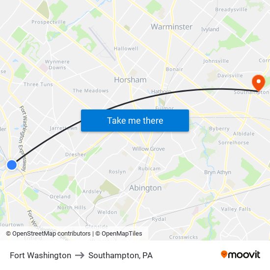 Fort Washington to Southampton, PA map