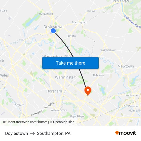 Doylestown to Southampton, PA map