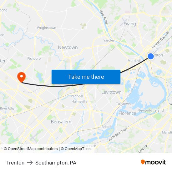Trenton to Southampton, PA map