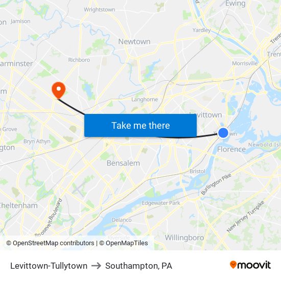 Levittown-Tullytown to Southampton, PA map
