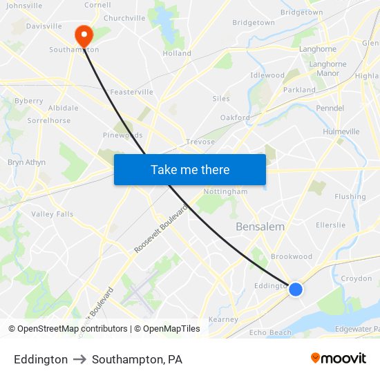 Eddington to Southampton, PA map