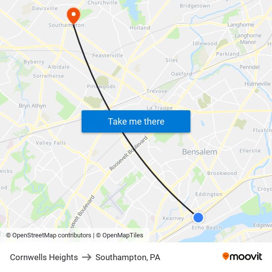 Cornwells Heights to Southampton, PA map